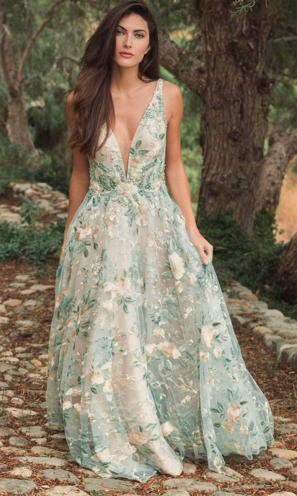 Mac Duggal Floral Embroidered Illusion V-Neck Gown - Cream Multi Mac Duggal Floral Embroidered Illusion V-Neck Gown - Cream Multi