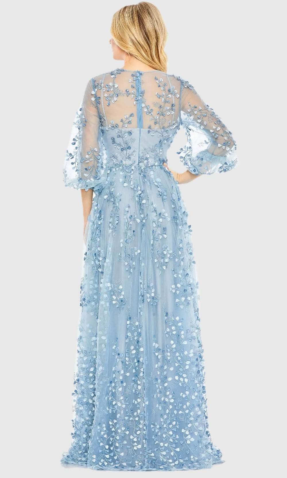 Mac Duggal - Blue Embroidered Puff Sleeve A-Line Gown - US 18 Mac Duggal - Blue Embroidered Puff Sleeve A-Line Gown - US 18