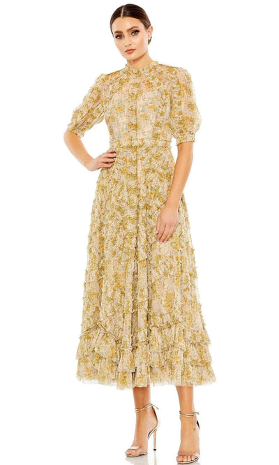 Mac Duggal 8011 - Floral Puff Sleeves Maxi Dress Holiday Dresses 2 / Yellow Multi