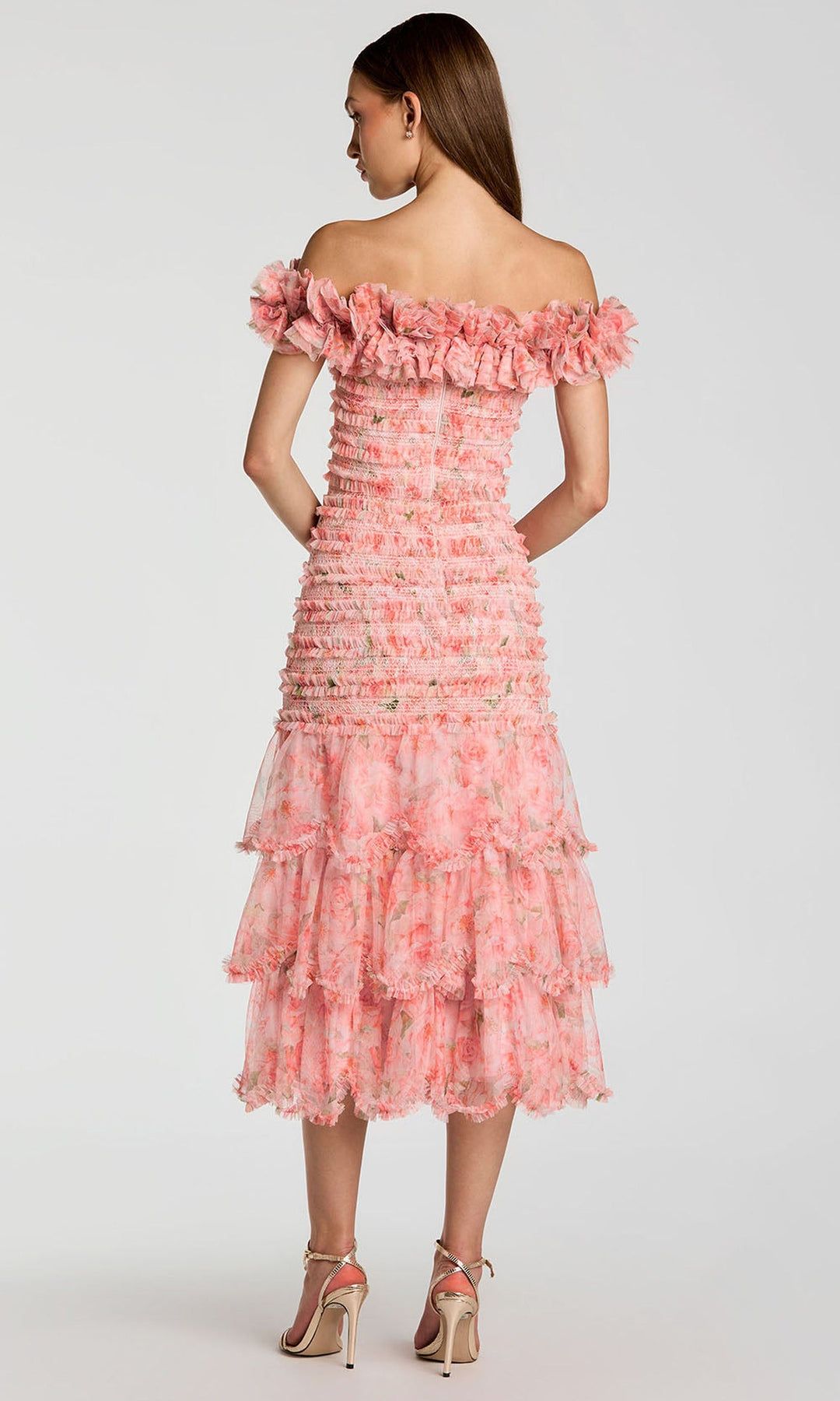 Mac Duggal 8432 - Ruffled Neckline Floral Tea-Length Dress