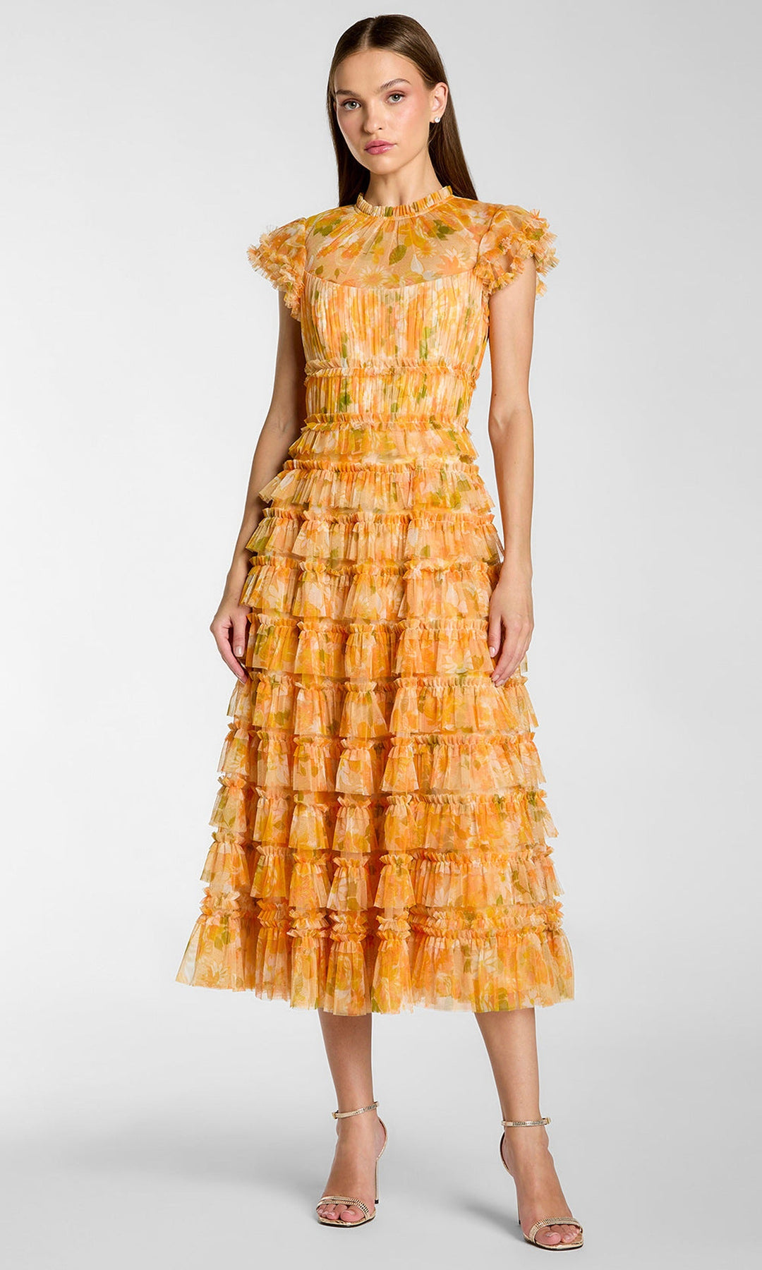 Mac Duggal 8497 - Tiered Floral Print Tea-Length Dress