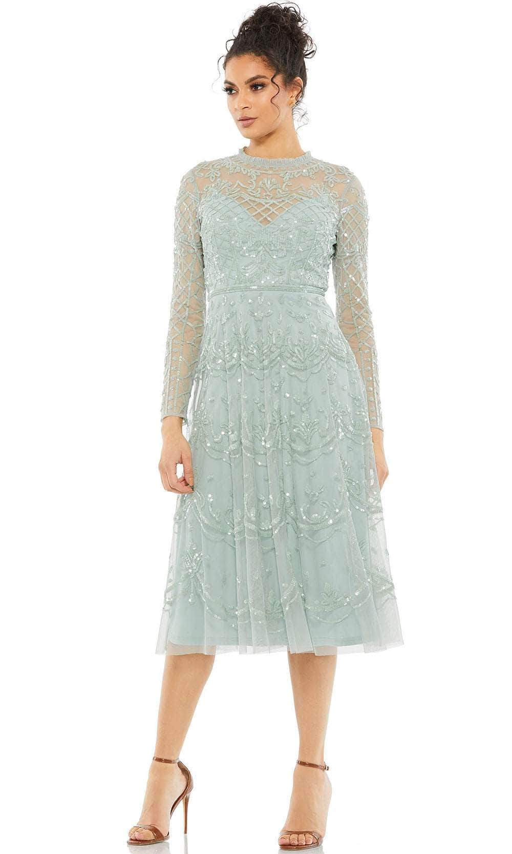 Mac Duggal 9142 - Long Sleeve Illusion Neckline Tea Length Dress Special Occasion Dress 2 / Seafoam