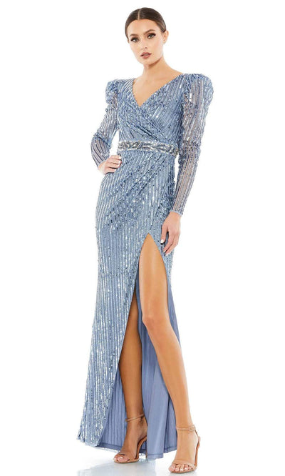 Mac Duggal - 93549 V-Neck High Slit Sheath Dress Special Occasion Dress 2 / Slate Blue