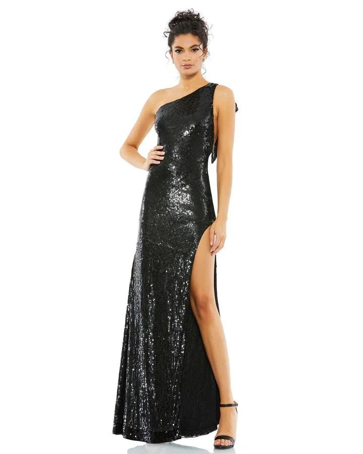 Mac Duggal - 93580 Sequined Asymmetric Junior Prom Sheath Dress With Slit Prom Dresses 0 / Black
