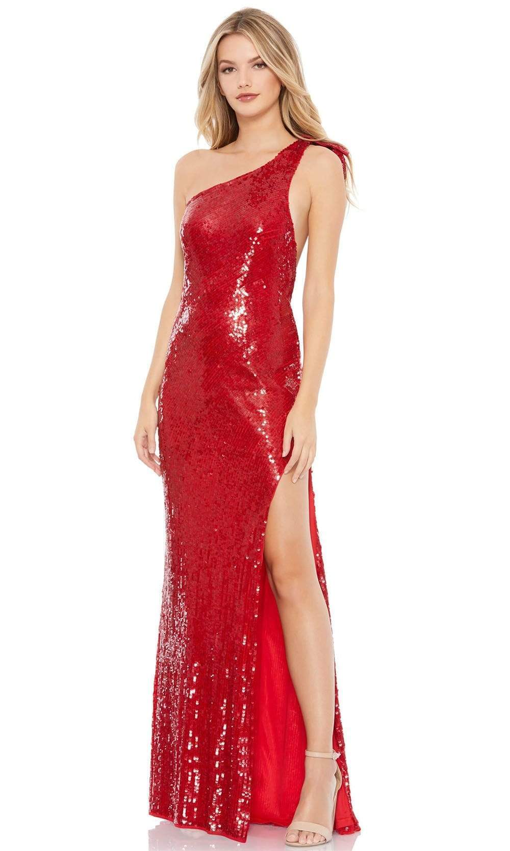 Mac Duggal - 93580 Sequined Asymmetric Sheath Dress With Slit Evening Dresses 0 / RED