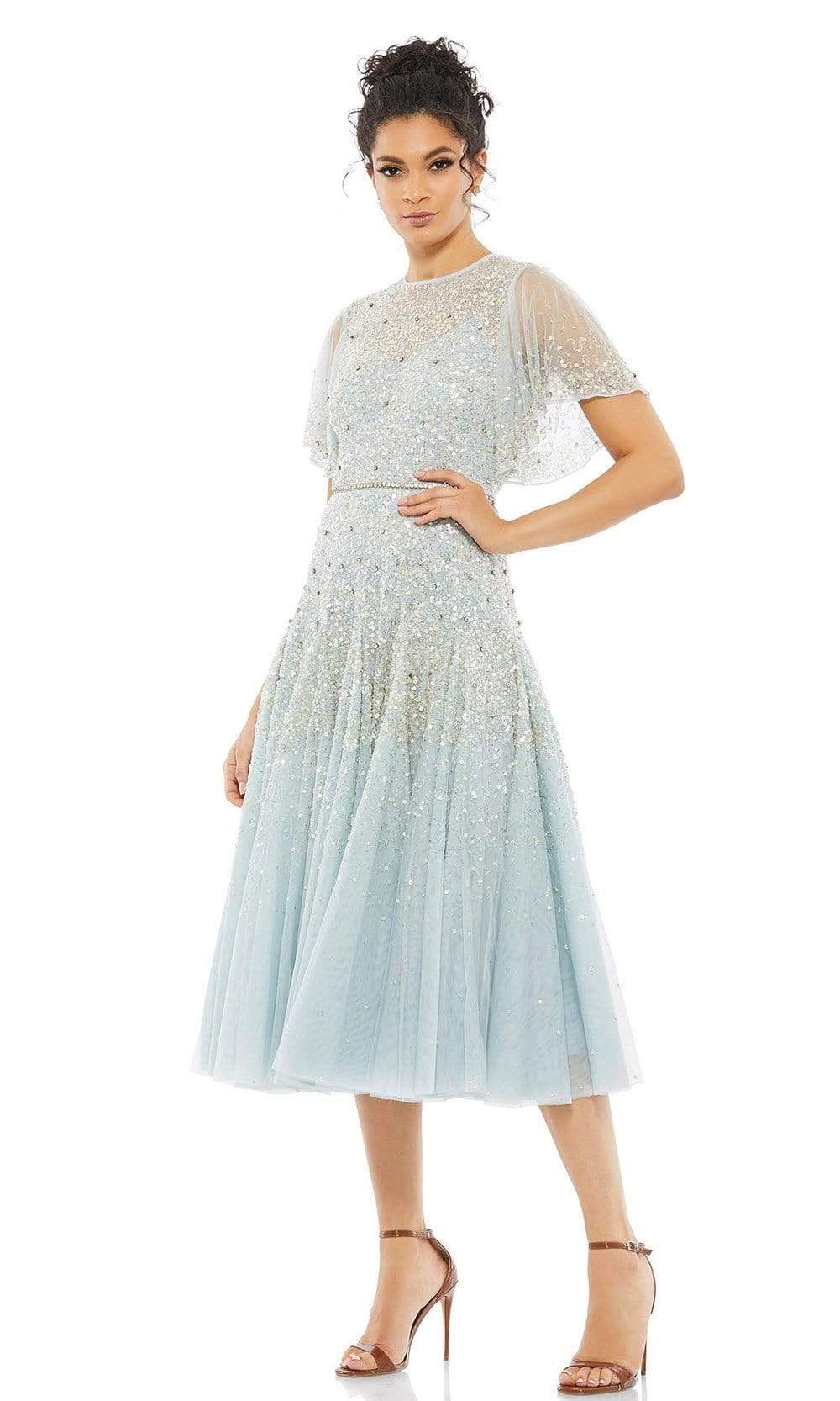 Mac Duggal - 93655 Softy Bell Sleeve Tea Length Dress Cocktail Dresses 2 / Powder Blue