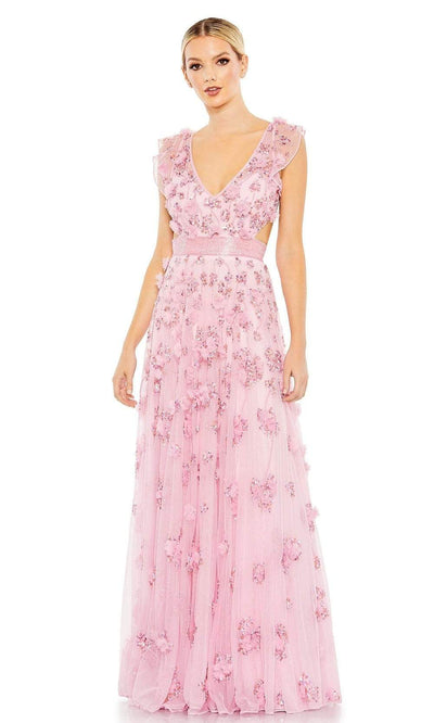 Mac Duggal - 93692 Deep V-Neck Floral Appliqued Gown Evening Dresses 0 / Candy Pink