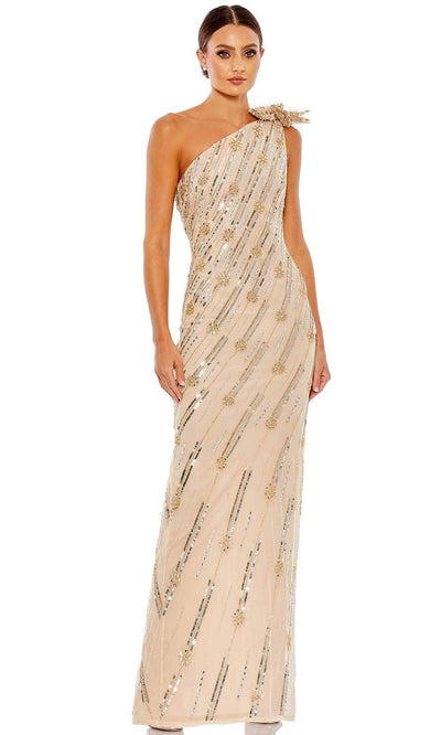 Mac Duggal 93739 - Embellished Asymmetrical Neck Evening Gown Special Occasion Dress 0 / Nude/Gold
