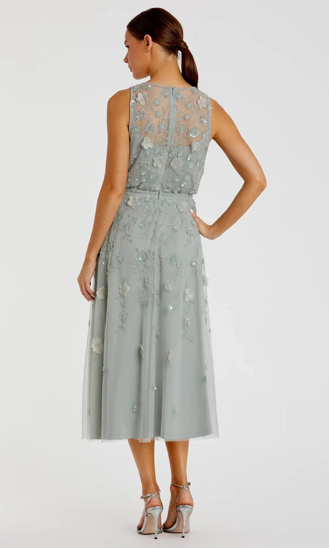 Mac Duggal 9380 - Illusion Jewel Floral Embellished Tea-Length Dress