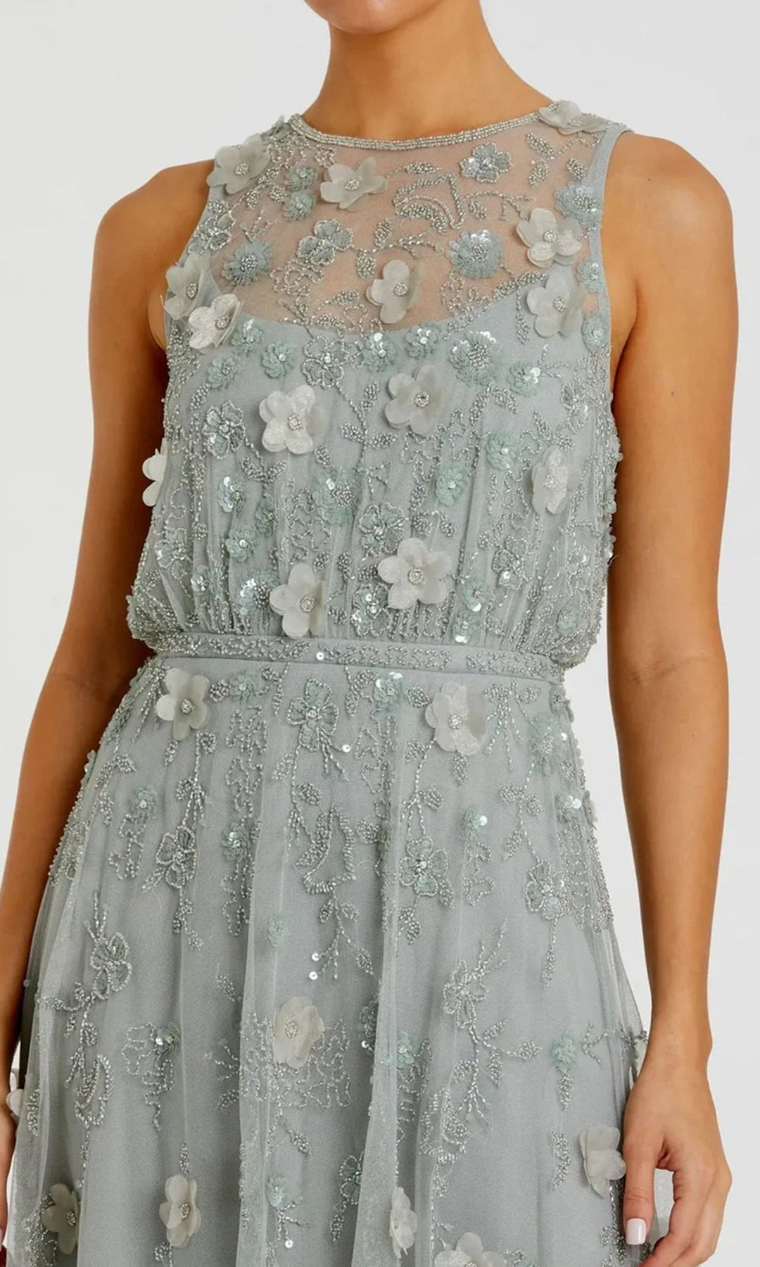 Mac Duggal 9380 - Illusion Jewel Floral Embellished Tea-Length Dress