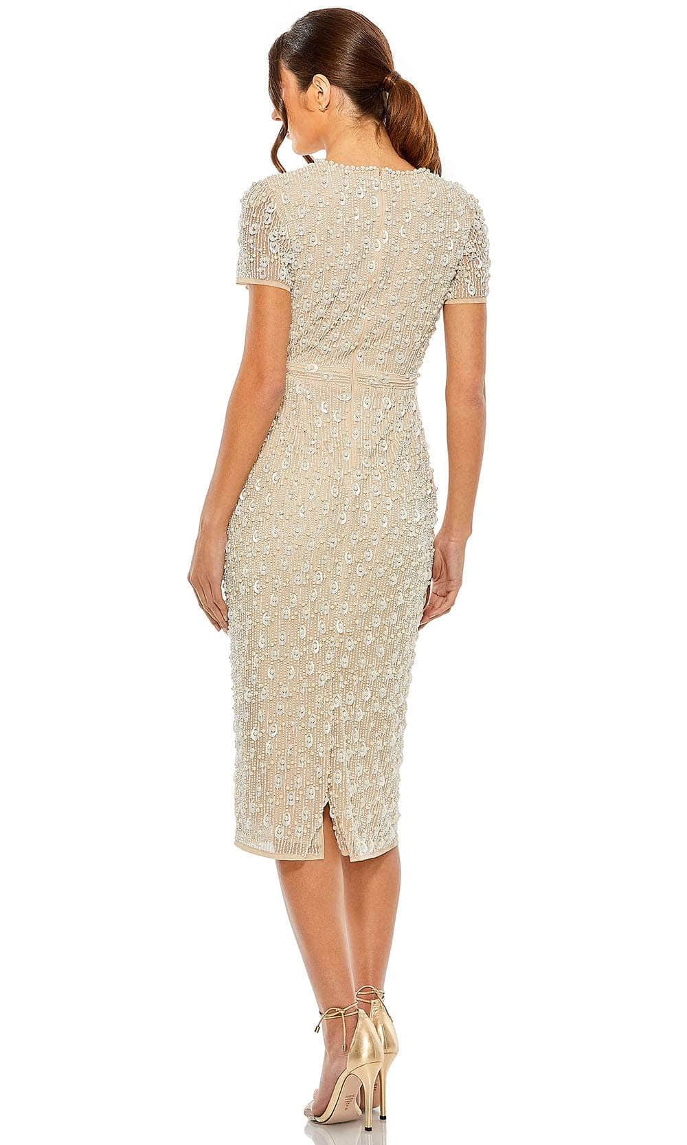 Mac Duggal - Beige High Neck Short Sleeve Embellished Midi Sheath Dress - US 10 Mac Duggal - Beige High Neck Short Sleeve Embellished Midi Sheath Dress - US 10