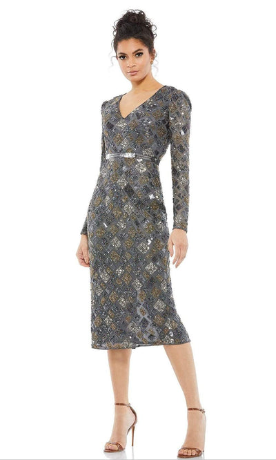 Mac Duggal Cocktail - 5472D Tea Length Geo-Beaded Dress Special Occasion Dress 2 / Charcoal