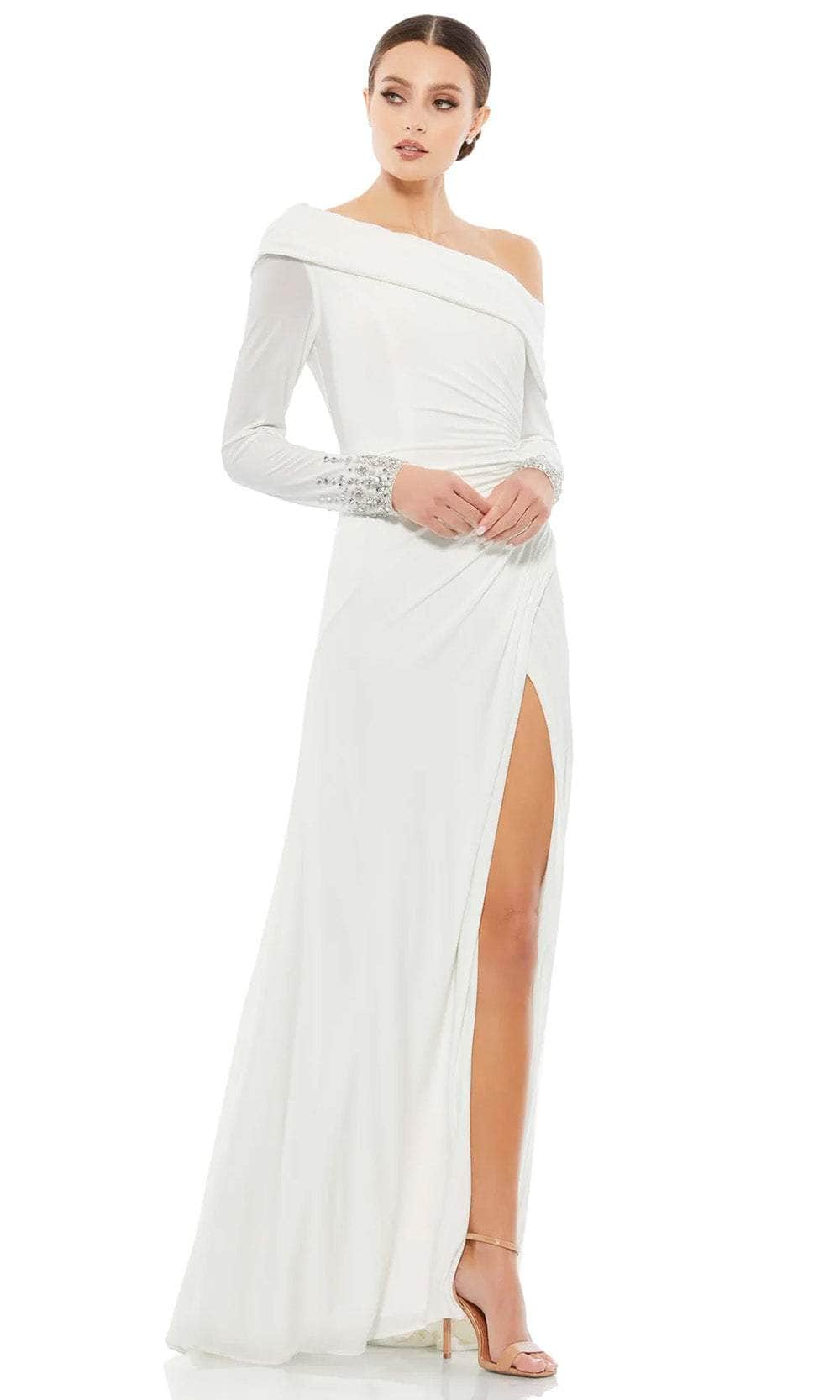 Mac Duggal Evening - 12231 Jewel Cuffed Asymmetrical Long Gown Evening Dresses 0 / White