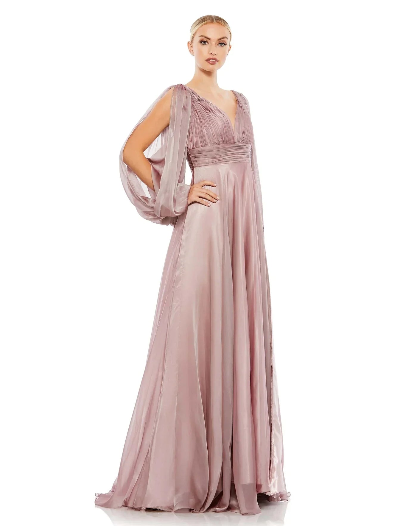 Mac Duggal Evening - 67414D Split Long Sleeve Deep V-Neck Gown Evening Dresses 4 / Mocha