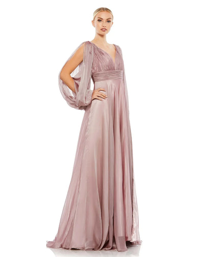 Mac Duggal Evening - 67414D Split Long Sleeve Deep V-Neck Gown Evening Dresses 4 / Mocha