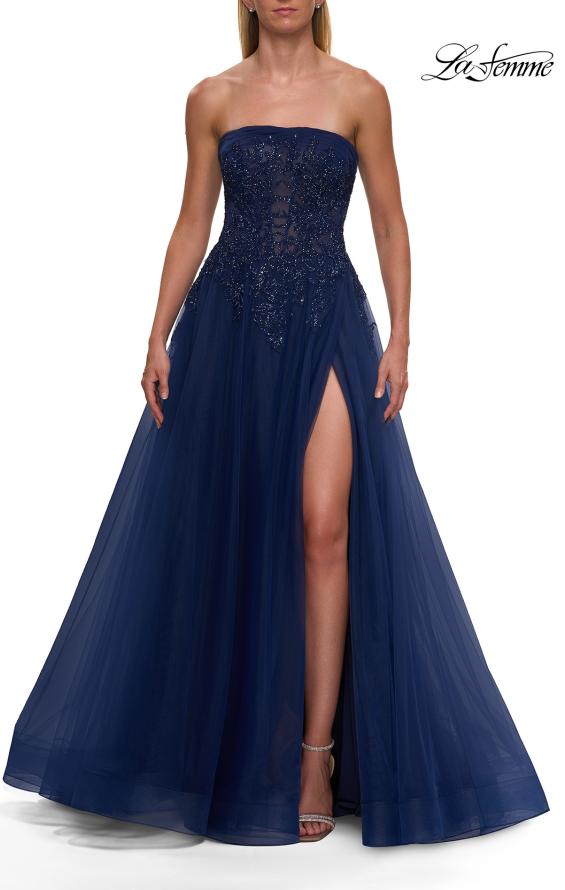 La Femme 33528 - Beaded Lace Straight Neckline Gown