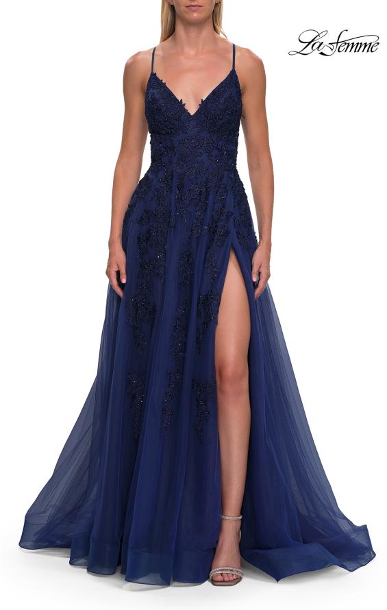 La Femme 33715 - Tie Open Back Embroidered Sleeveless Gown Prom Dresses