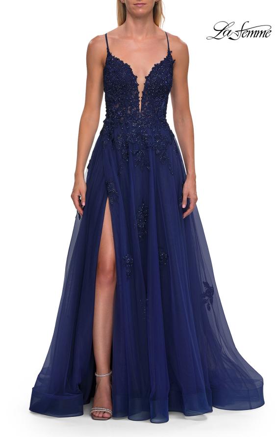 La Femme 33716 - Floral Beaded Lace-Up Back Gown with Slit Prom Dresses
