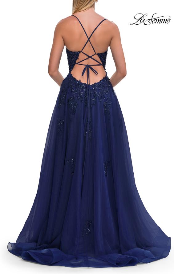 La Femme 33716 - Floral Beaded Lace-Up Back Gown with Slit Prom Dresses
