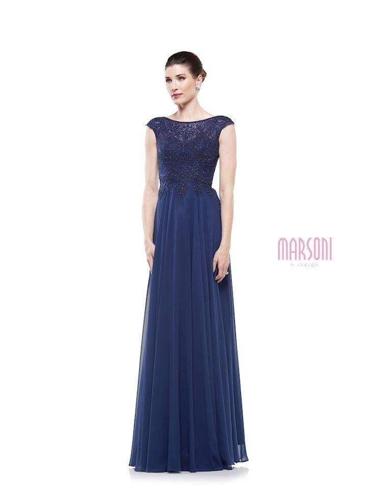 Marsoni by Colors - Beaded Applique A Line Chiffon Dress M238 CCSALE 12 / Navy