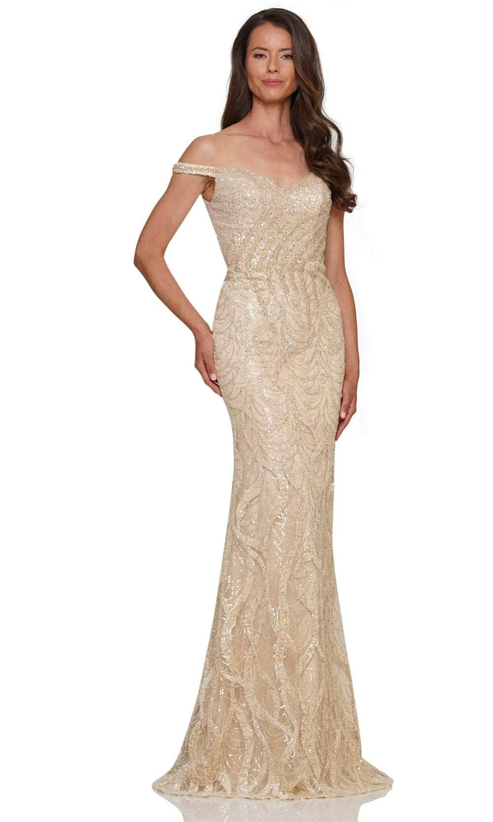 Marsoni by Colors MV1257 - Off Shoulder Embellished Evening Dress Special Occasion Dresses Dresses 4 / Champagne