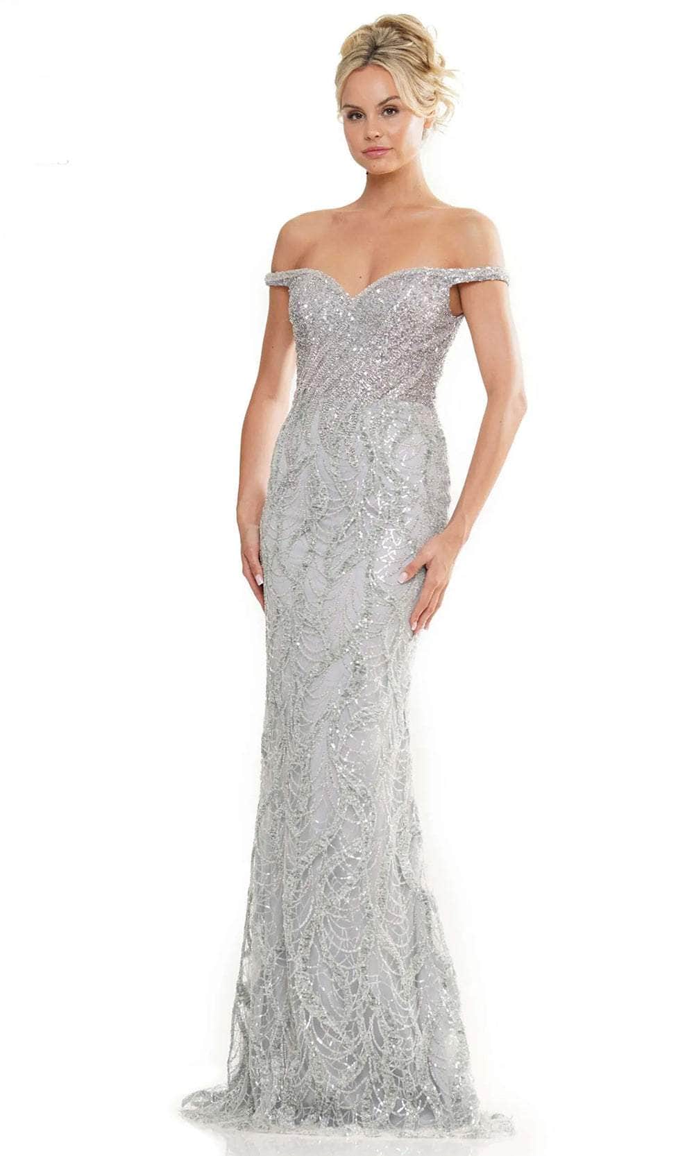 Marsoni by Colors MV1257 - Off Shoulder Embellished Evening Dress Special Occasion Dresses Dresses 4 / Silver