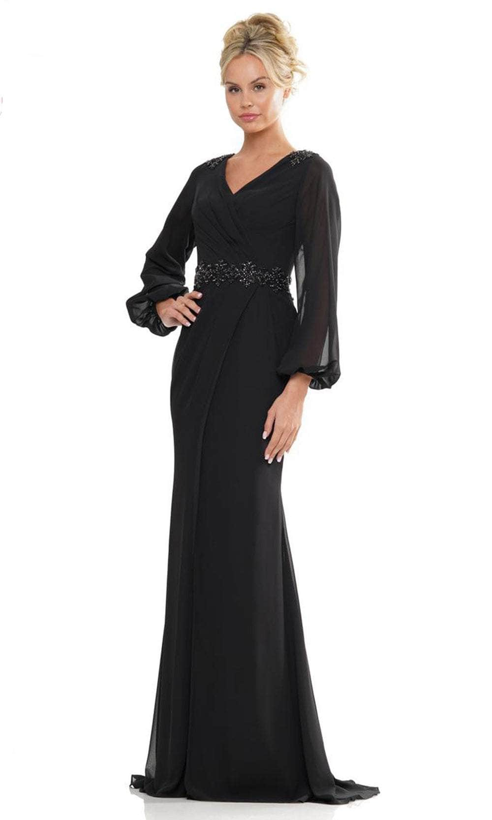 Marsoni by Colors MV1273-1 - Lon Sleeve Ruched Detailed Long Gown Mother of the Bride Dresses 26 / Black