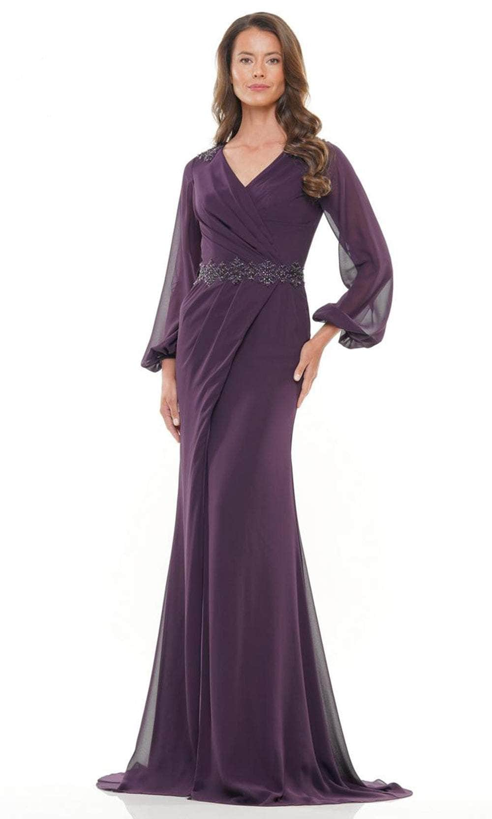 Marsoni by Colors MV1273-1 - Lon Sleeve Ruched Detailed Long Gown Mother of the Bride Dresses 26 / Eggplant