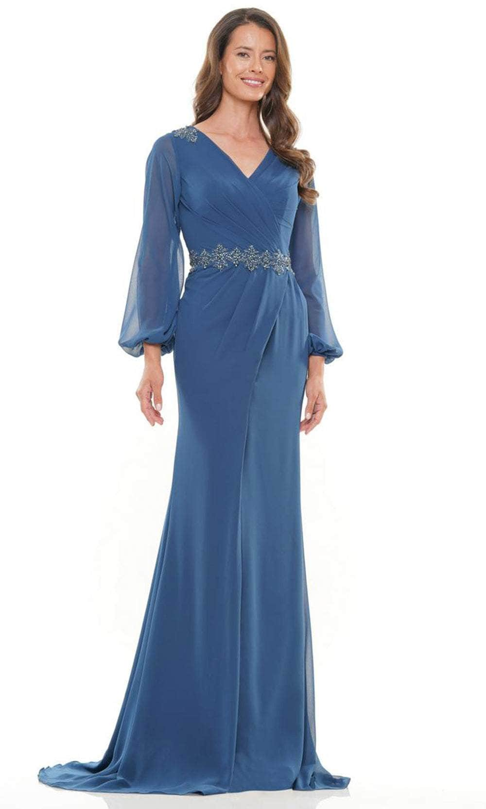 Marsoni by Colors MV1273-1 - Lon Sleeve Ruched Detailed Long Gown Mother of the Bride Dresses 26 / Peacock