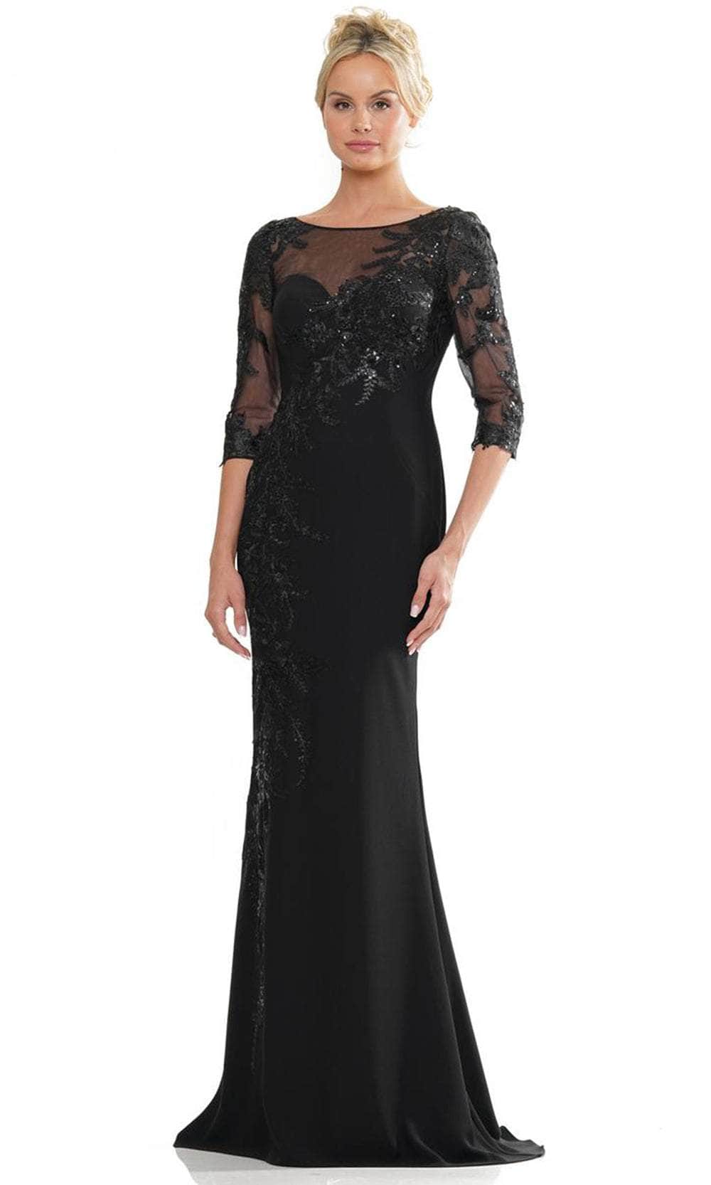 Marsoni by Colors MV1274 - Illusion Bateau Neck Embroidered Long Dress Special Occasion Dresses Dresses 4 / Black