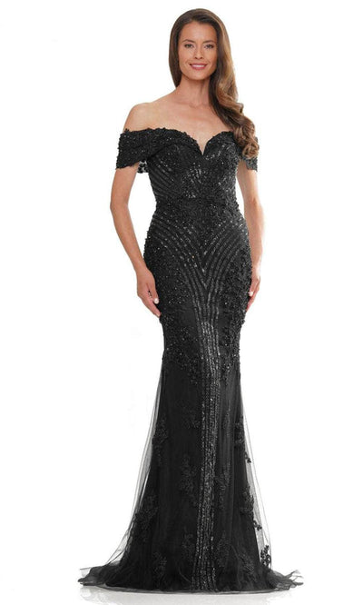 Marsoni by Colors MV1275-1 - Off-Shoulder Beaded Long Gown Evening Dresses 22 / Black