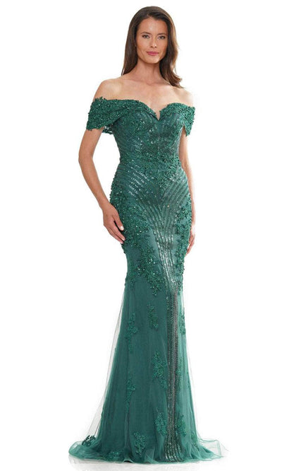 Marsoni by Colors MV1275-1 - Off-Shoulder Beaded Long Gown Evening Dresses 22 / Emerald