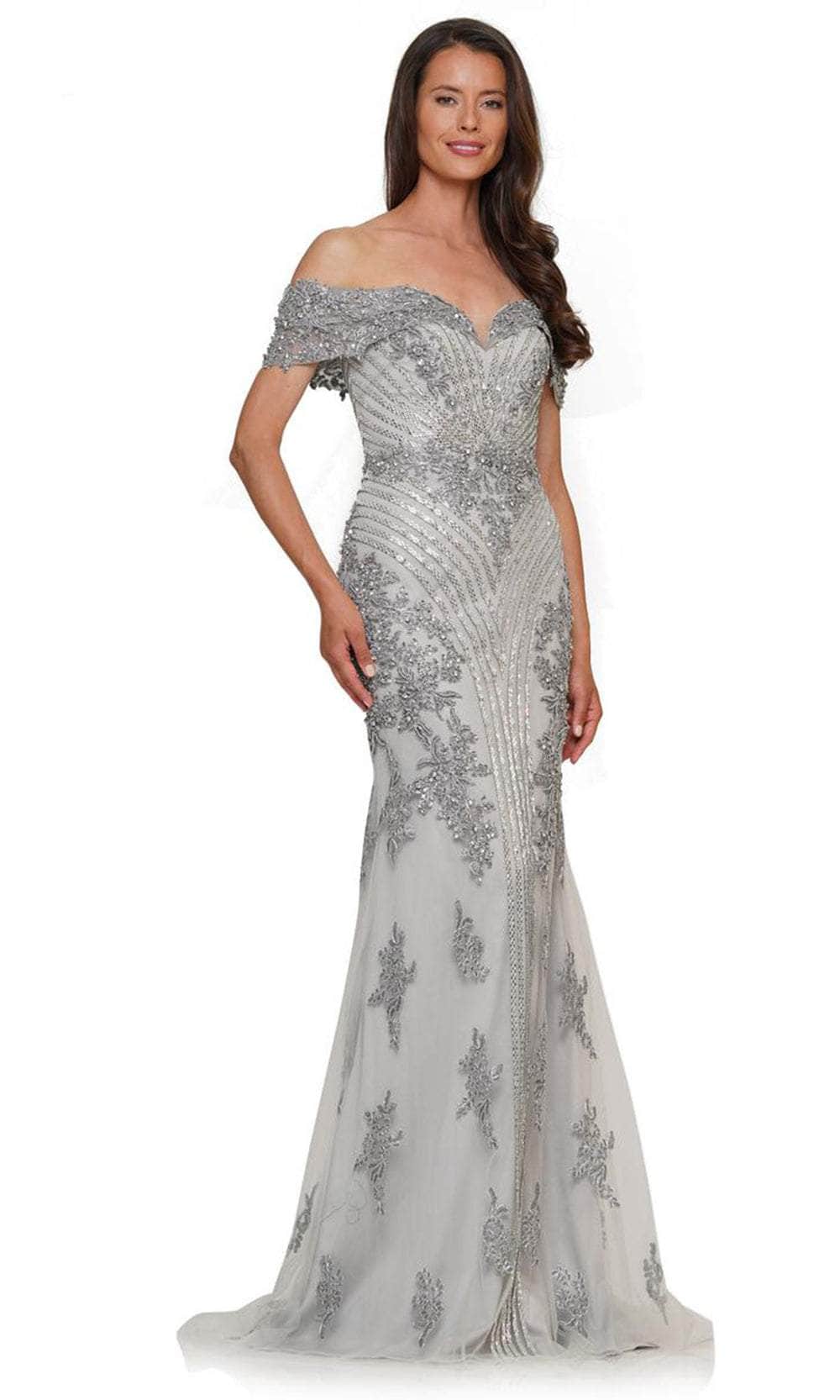 Marsoni by Colors MV1275-1 - Off-Shoulder Beaded Long Gown Evening Dresses 22 / Silver