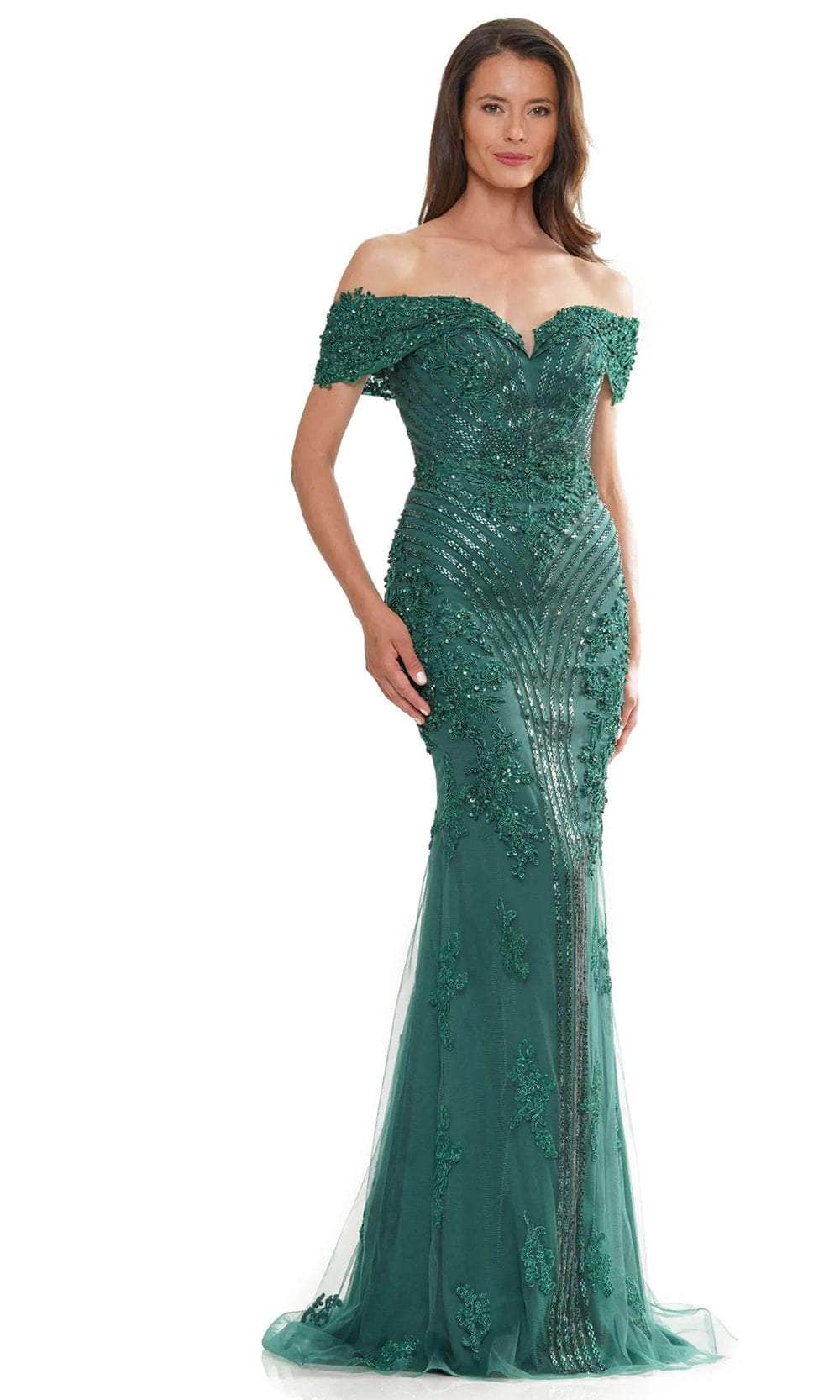 Marsoni by Colors MV1275 - Applique Ornate Evening Dress Special Occasion Dresses Dresses 4 / Emerald