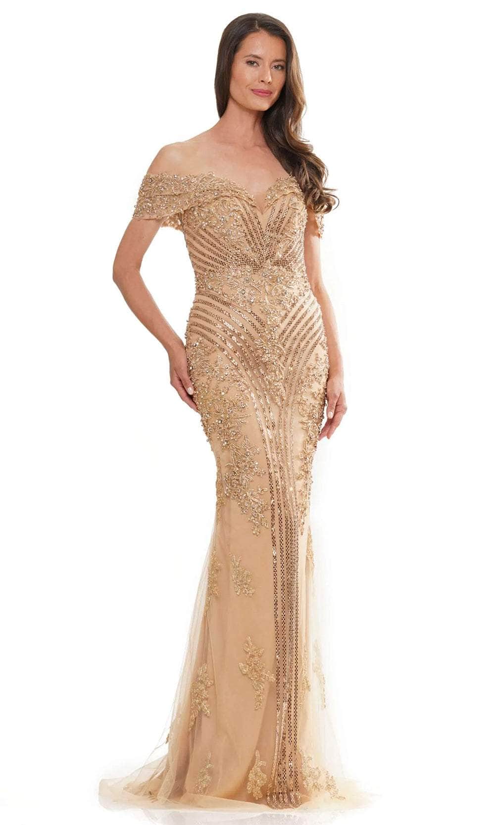 Marsoni by Colors MV1275 - Applique Ornate Evening Dress Special Occasion Dresses Dresses 4 / Gold