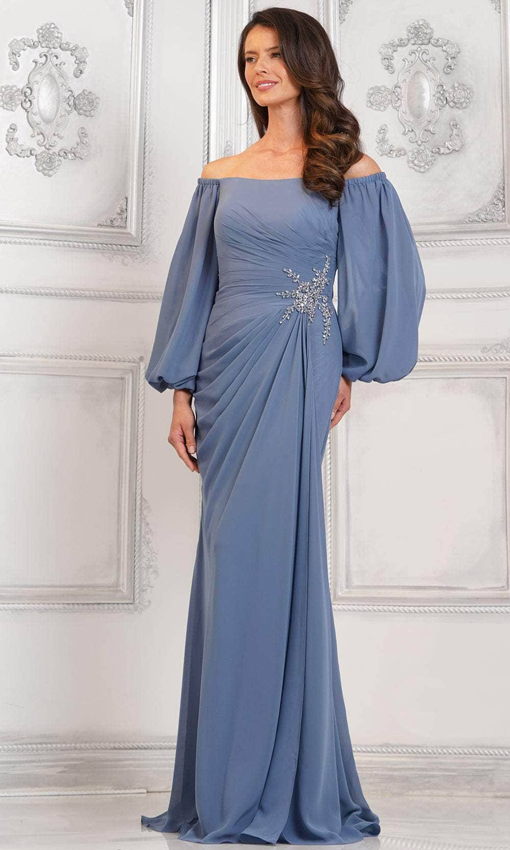 Marsoni by Colors MV1285 - Jeweled Ruche Evening Dress Special Occasion Dresses Dresses 6 / Slate Blue