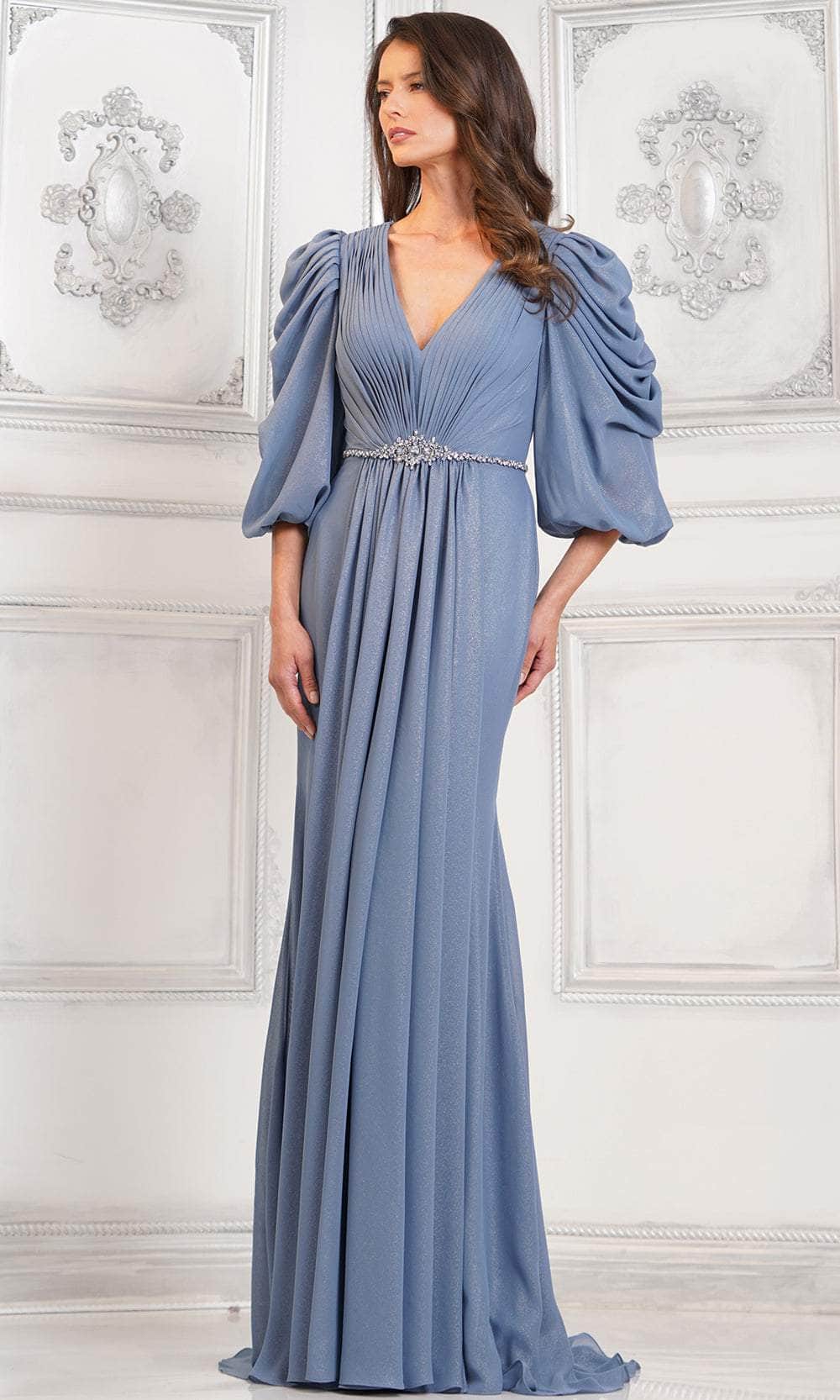 Marsoni by Colors MV1287 - Pleated Bodice V-Neck Formal Gown Special Occasion Dresses Dresses 6 / Slate Blue