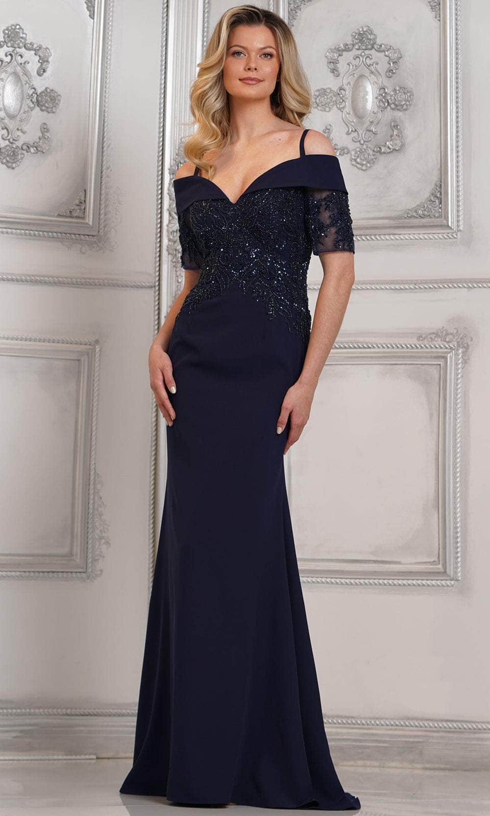 Marsoni by Colors MV1295 - Beaded Appliqued Formal Gown Special Occasion Dresses Dresses 6 / Navy