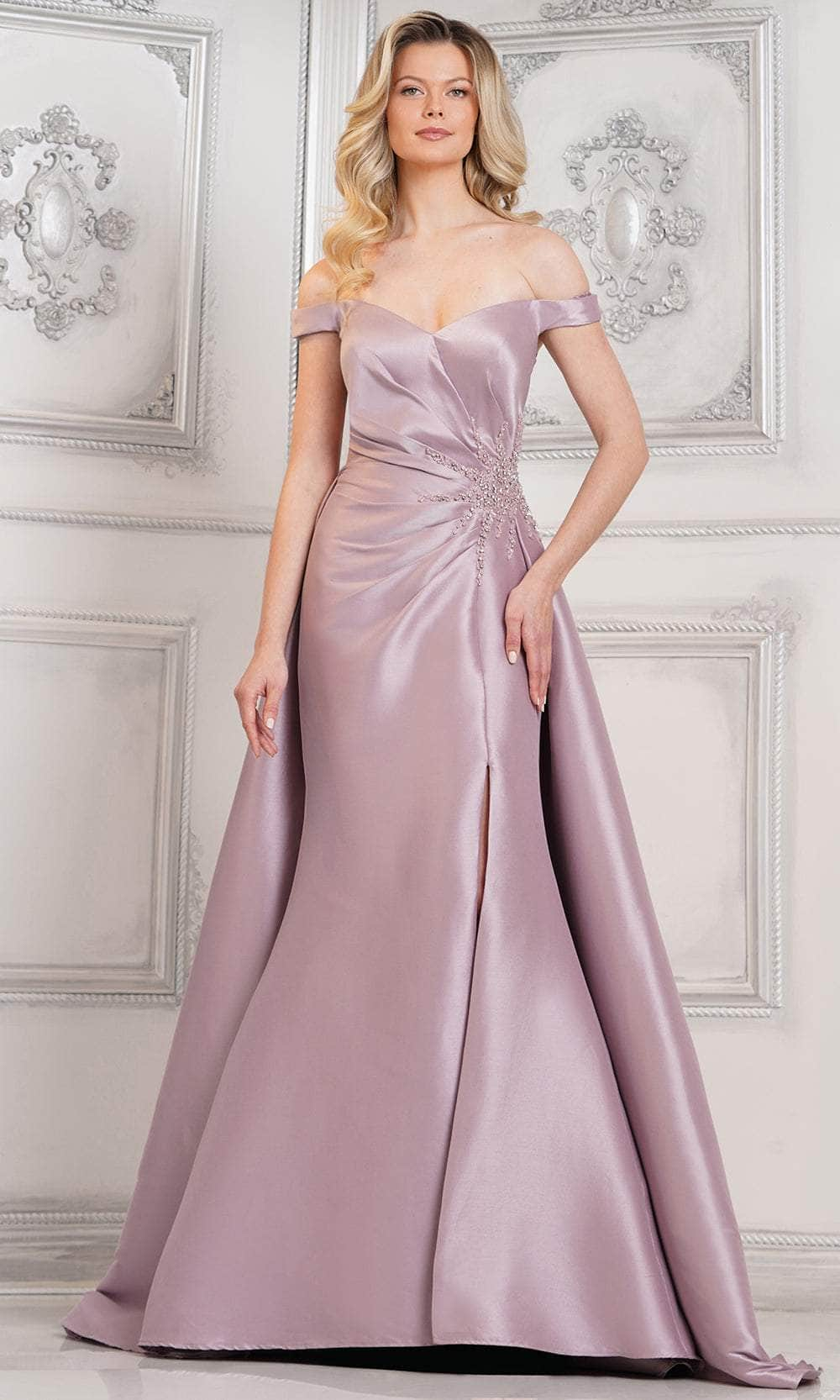 Marsoni by Colors MV1310 - Off Shoulder Front Slit Formal Gown Special Occasion Dresses Dresses 6 / Dusty Rose