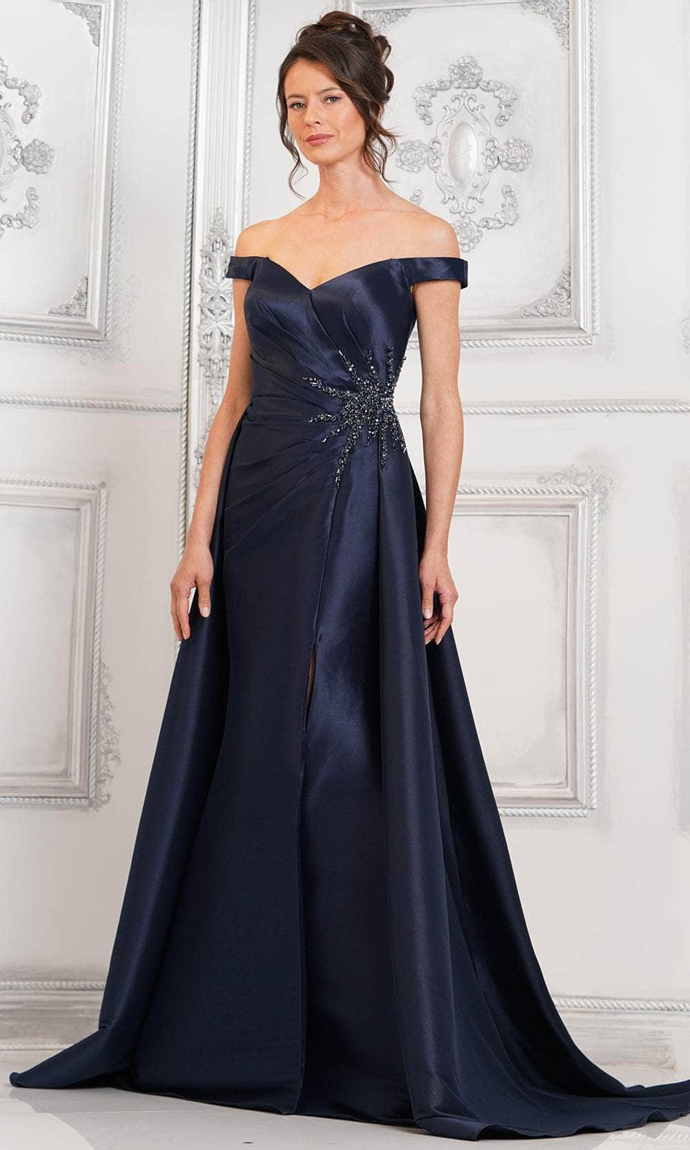 Marsoni by Colors MV1310 - Off Shoulder Front Slit Formal Gown Special Occasion Dresses Dresses 6 / Navy