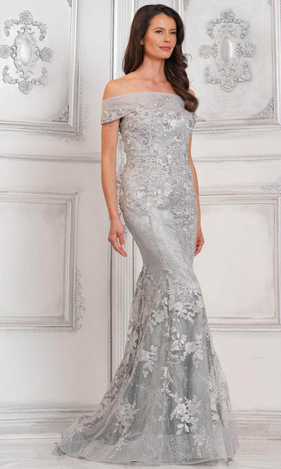 Marsoni by Colors MV1313 - Embroidered Straight-Across Neck Long Gown Prom Dresses 4 / Platinum