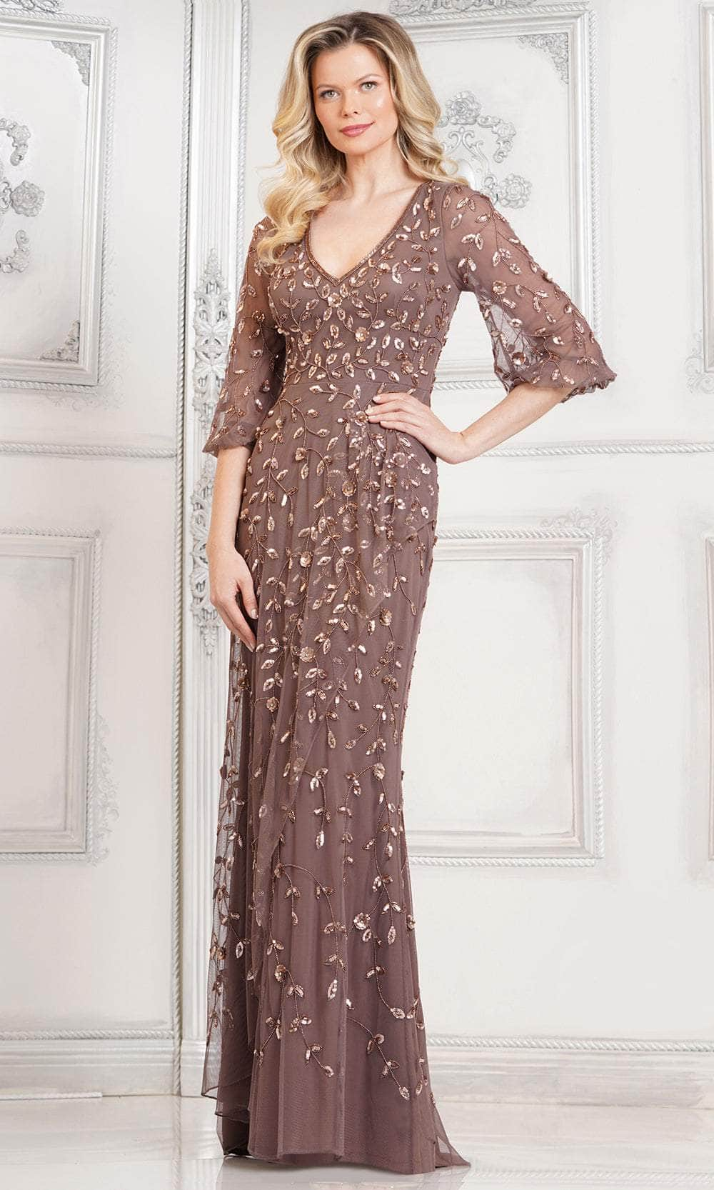 Marsoni by Colors MV1320 - Quarter Sleeve Beaded Formal Gown Special Occasion Dresses Dresses 6 / Dark Taupe