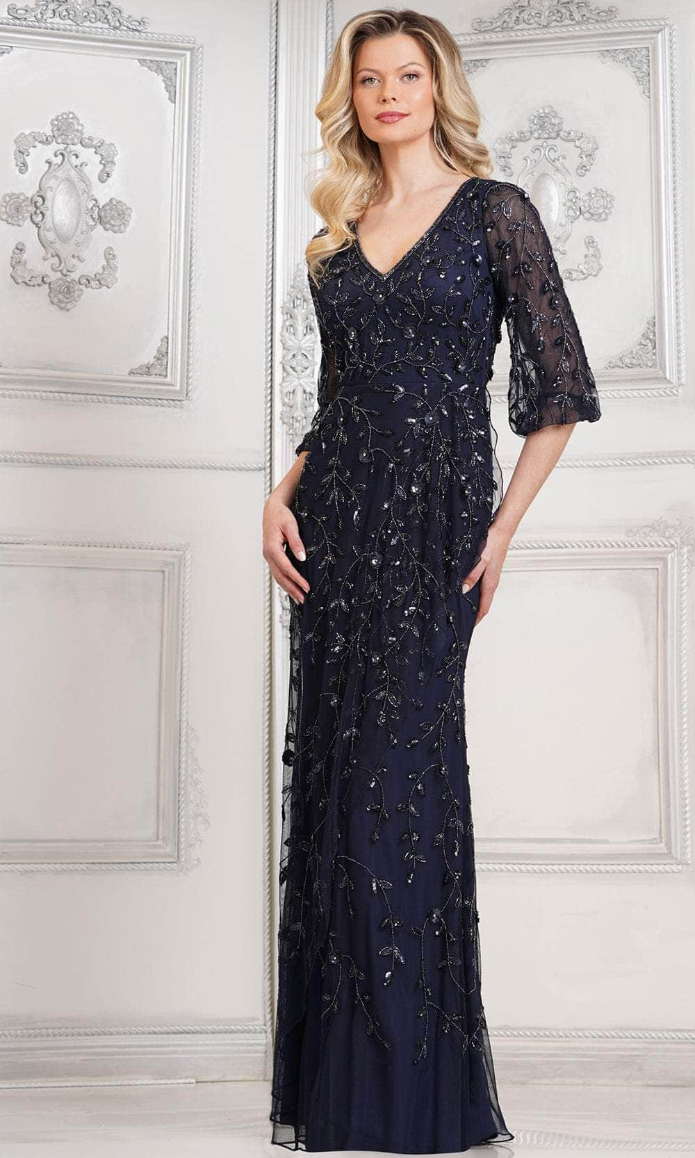 Marsoni by Colors MV1320 - Quarter Sleeve Beaded Formal Gown Special Occasion Dresses Dresses 6 / Navy