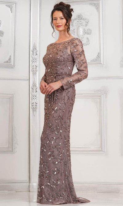 Marsoni by Colors MV1321 - Beaded Long Sleeve Evening Dress Special Occasion Dresses Dresses 4 / Dark Taupe