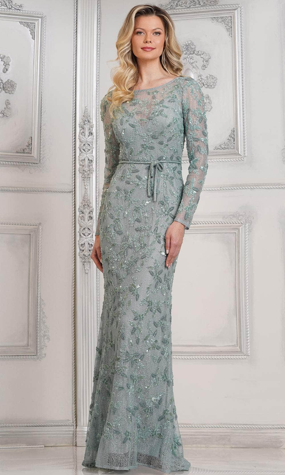 Marsoni by Colors MV1321 - Beaded Long Sleeve Evening Dress Special Occasion Dresses Dresses 4 / Sage