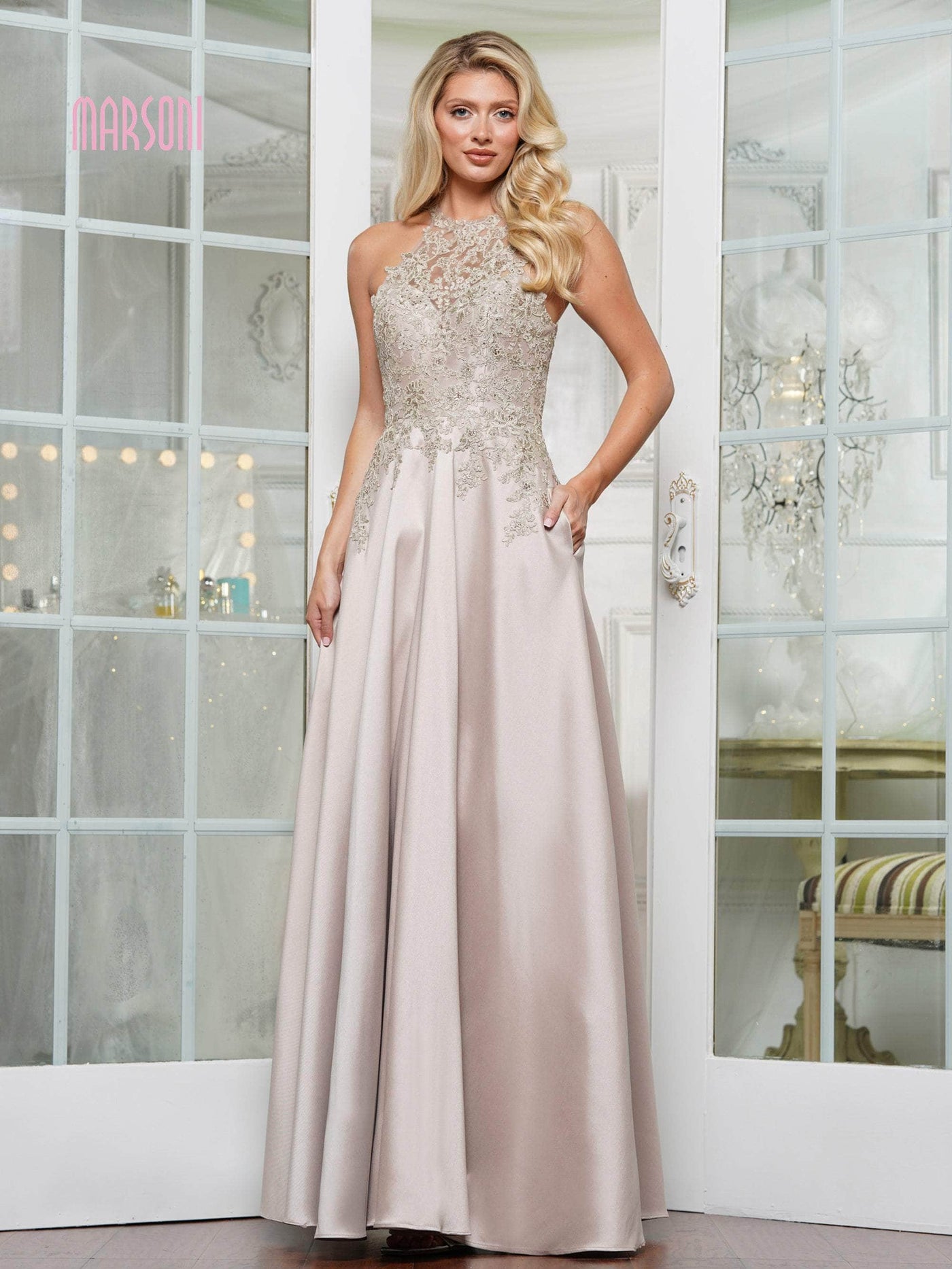 Marsoni by Colors MV1329 - Beaded Lace Mikado A-line Gown Evening Dresses