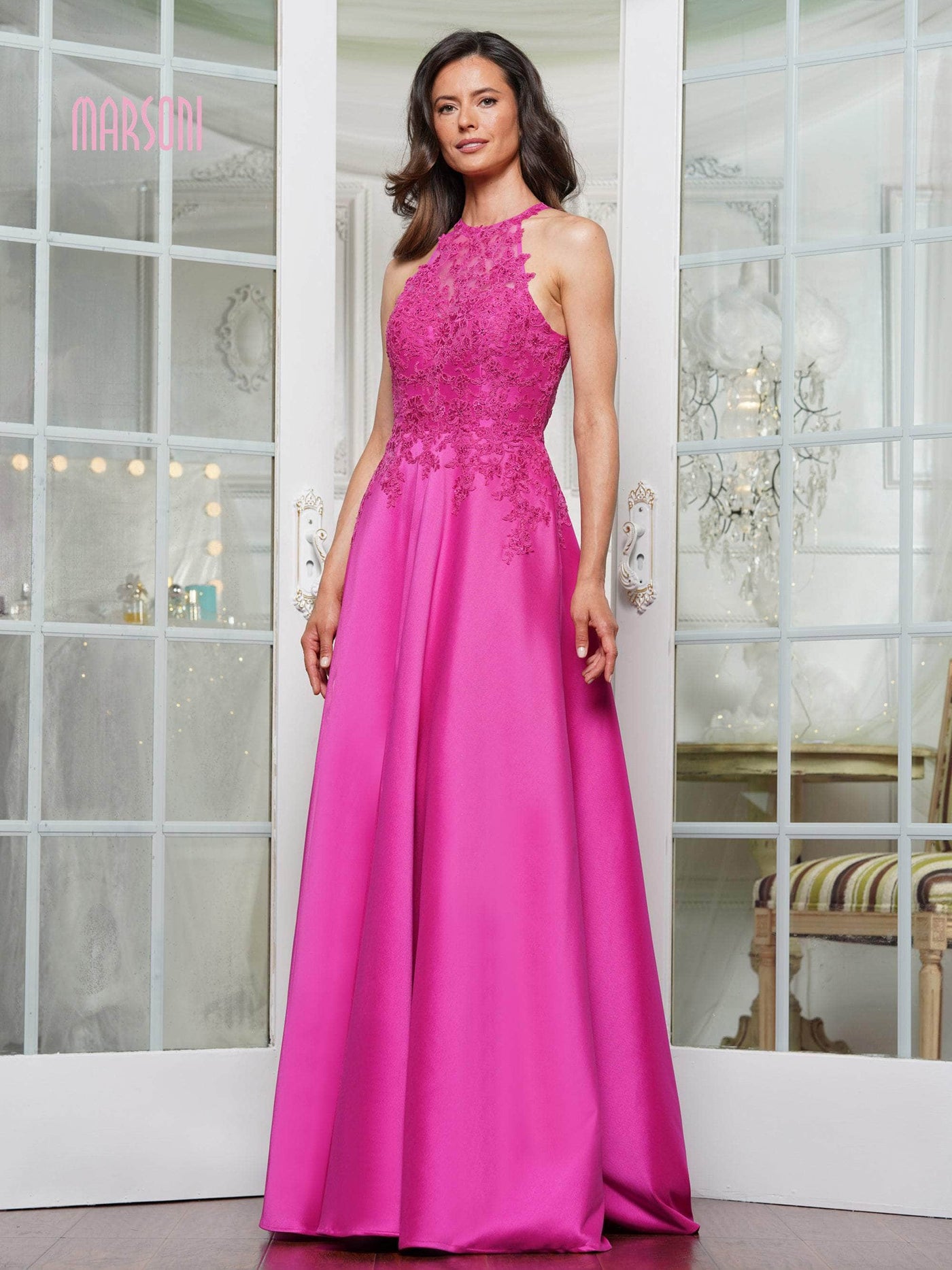 Marsoni by Colors MV1329 - Beaded Lace Mikado A-line Gown Evening Dresses