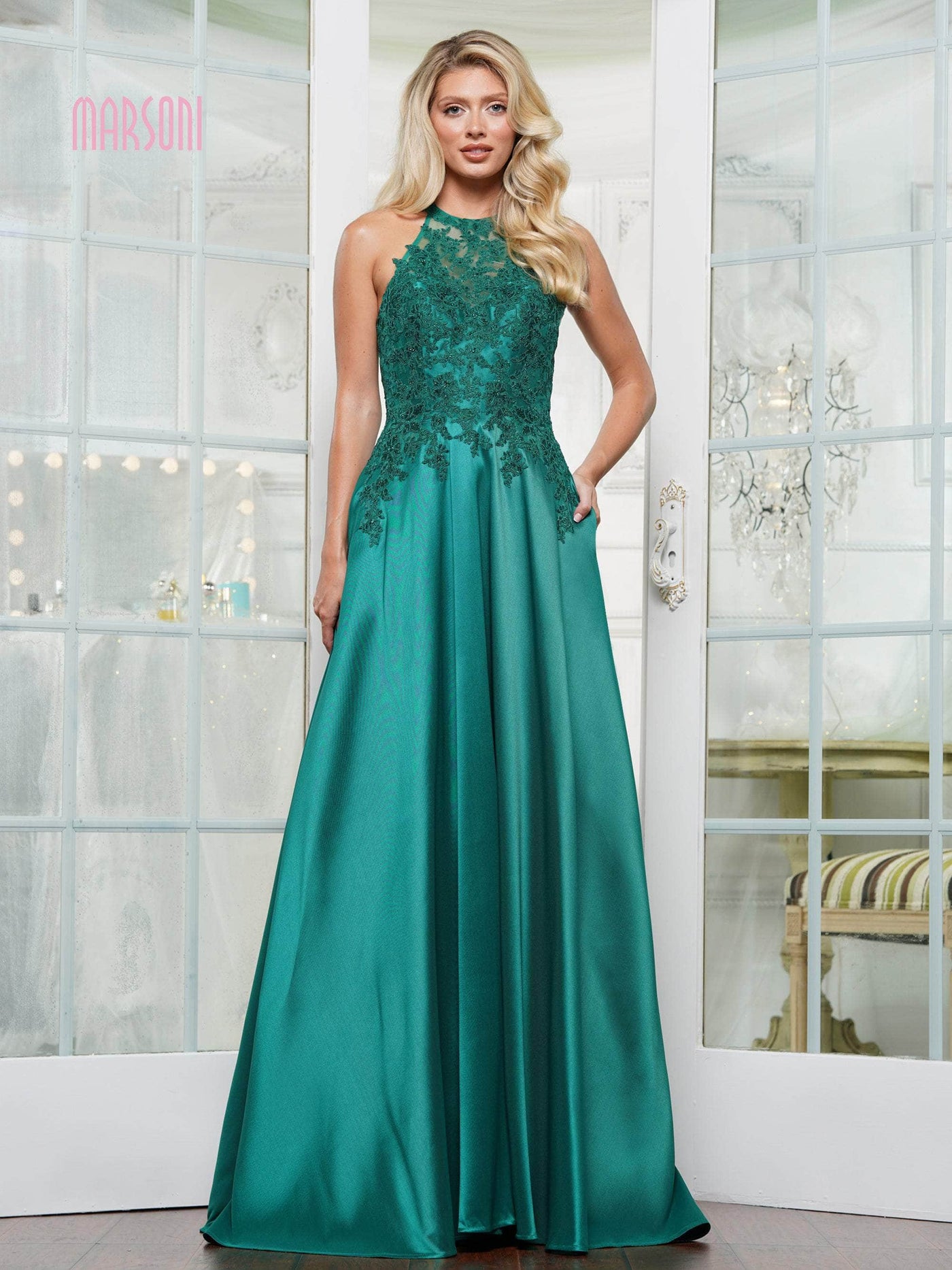 Marsoni by Colors MV1329 - Beaded Lace Mikado A-line Gown Evening Dresses