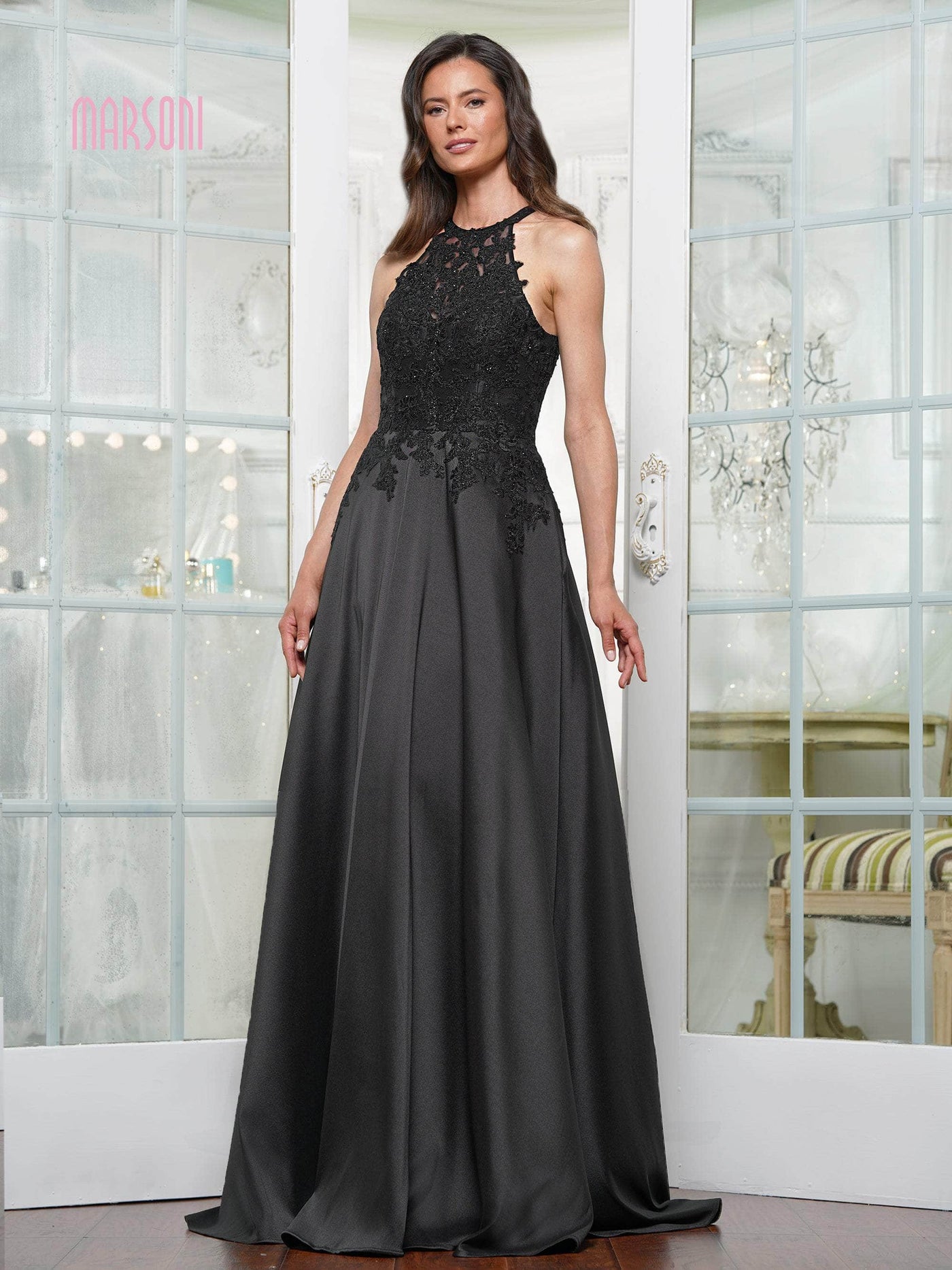 Marsoni by Colors MV1329 - Beaded Lace Mikado A-line Gown Evening Dresses
