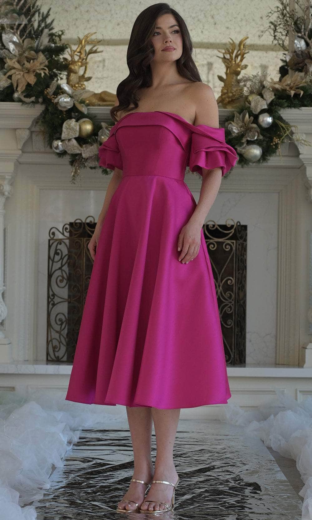 Marsoni MV1369 A Line Midi Length Formal Cocktail Dress - Fuchsia / 6 Marsoni MV1369 A Line Midi Length Formal Cocktail Dress - Fuchsia / 6